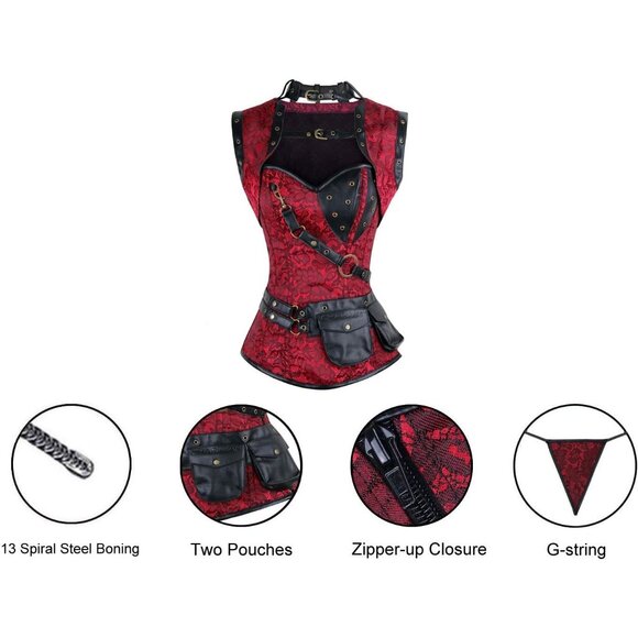 Women First Red Steampunk Vintage Spiral Steel Boned Corset Bustier - Picture 4 of 7